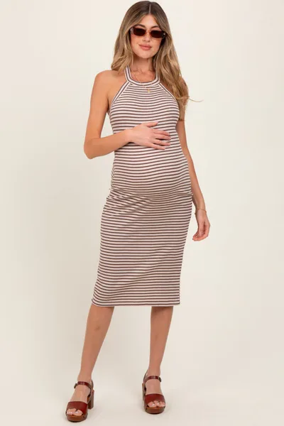 PinkBlush Taupe Striped Halter Neck Maternity Midi Dress