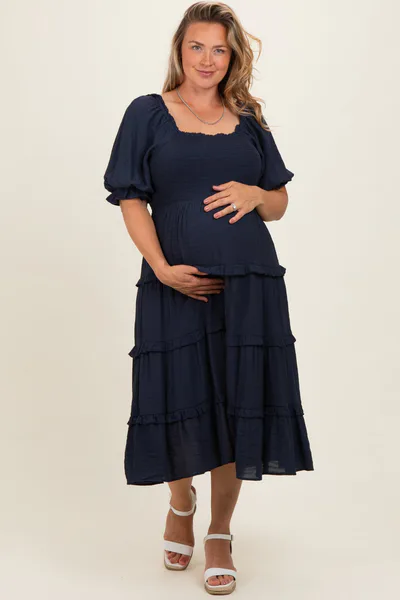PinkBlush Navy Ruffle Tiered Maternity Plus Midi Dress