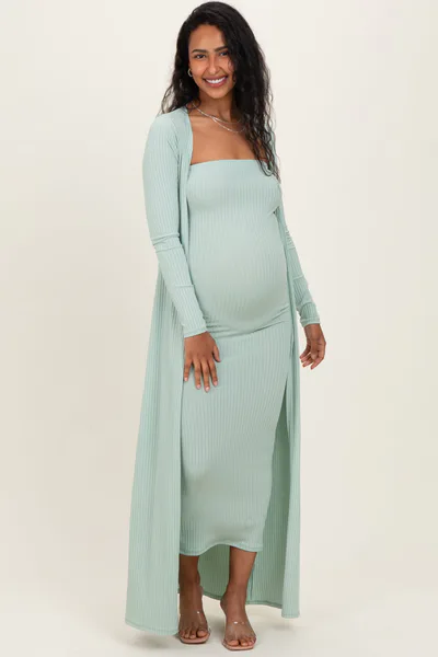 PinkBlush Sage Ribbed Sleeveless Dress Cardigan Maternity Set