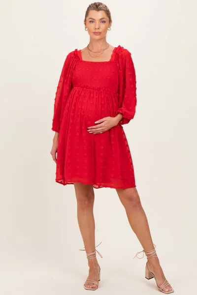PinkBlush Red Textured Dot Smocked Square Neck Chiffon Maternity Dress