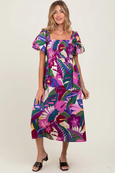 PinkBlush Purple Tropical Smocked Puff Sleeve Maternity Midi Dress