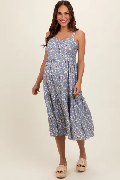 PinkBlush Blue Floral Sweetheart Neck Button Front Ruffle Maternity Midi Dress