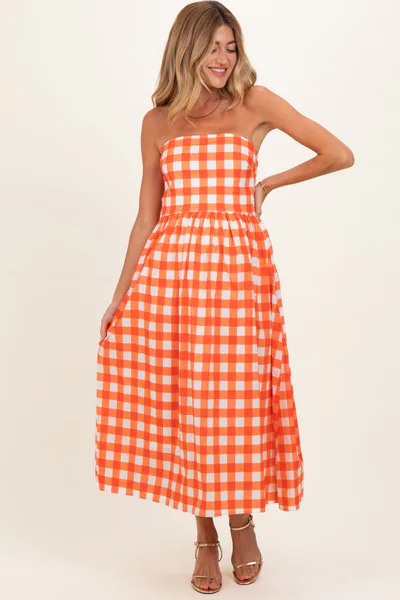 PinkBlush Orange Gingham Strapless Maternity Midi Dress