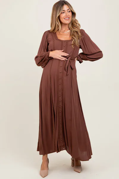 PinkBlush Brown Lace Detail Button Down Maternity Maxi Dress