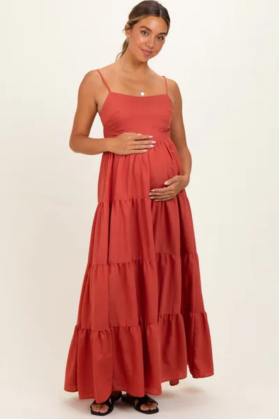 PinkBlush Bronze Sleeveless Tiered Maternity Maxi Dress