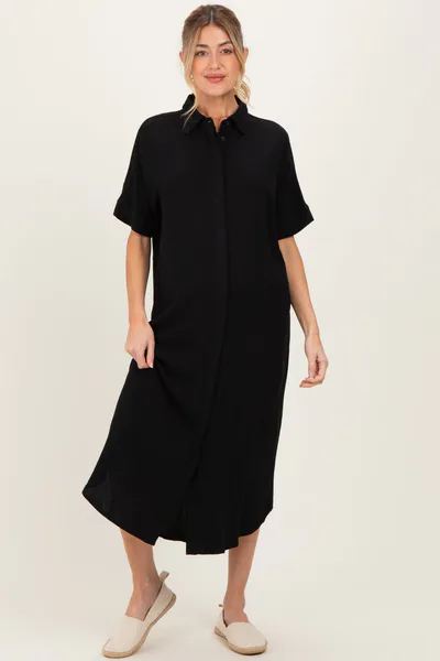 PinkBlush Black Button Down Maternity Midi Shirt Dress