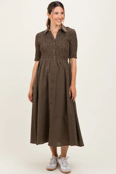 PinkBlush Brown Gingham Smocked Button Down Maternity Midi Dress