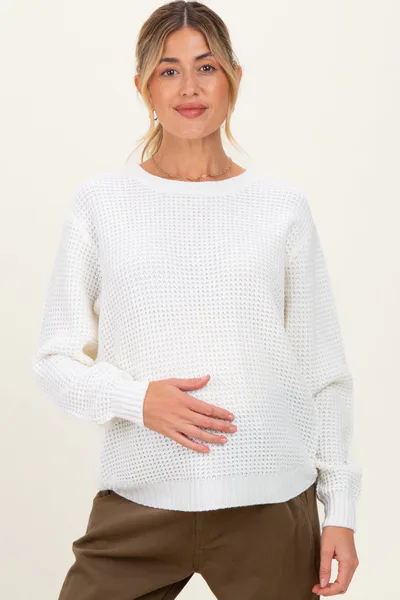 PinkBlush Ivory Waffle Knit Rounded Hem Maternity Sweater