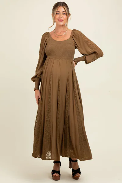 PinkBlush Brown Lace Inset Smocked Maternity Maxi Dress