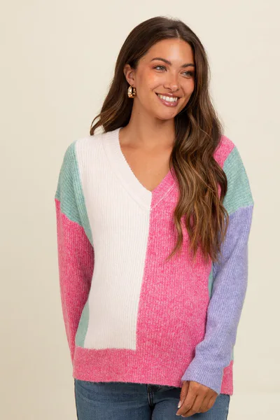 PinkBlush Pink Fuzzy Knit Colorblock Maternity Sweater