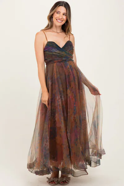 PinkBlush Multi Color Floral Mesh Tulle Overlay Maternity Maxi Dress