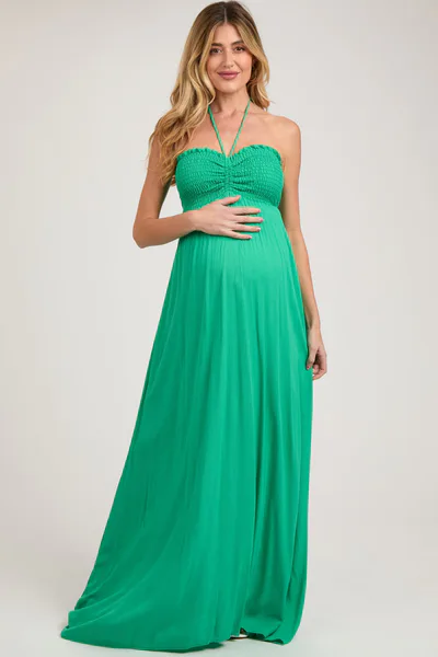 PinkBlush Green Smocked Halter Maternity Maxi Dress