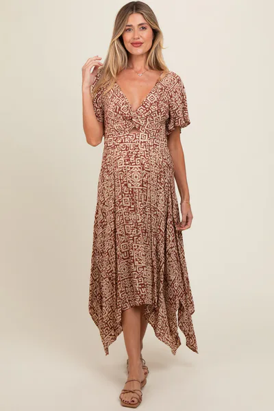 PinkBlush Brown Twist Front Cutout Maternity Maxi Dress