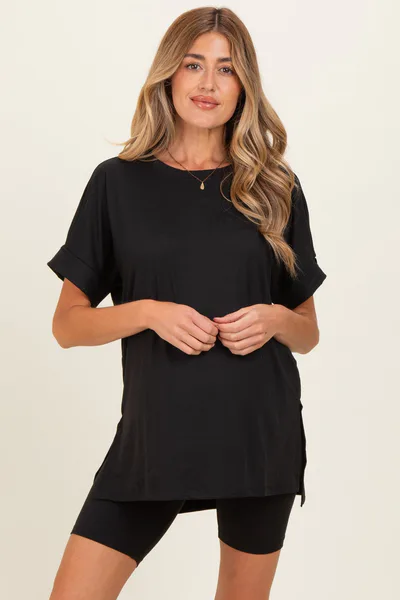 PinkBlush Black Hi-Low Short Sleeve Tee Biker Short Maternity Set