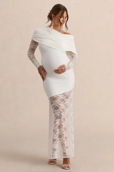 Club L London Giuliana | White Asymmetric-Neck Maternity Maxi Dress With Lace Detailing