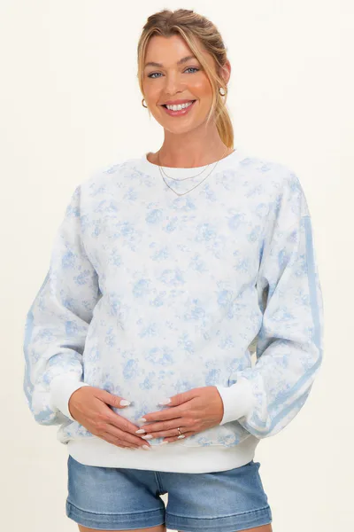 PinkBlush Light Blue Floral French Terry Maternity Sweatshirt