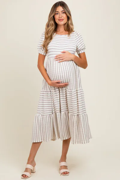 PinkBlush Cream/Taupe Striped Short Sleeve Tiered Maternity Maxi Dress