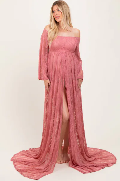 PinkBlush Mauve Lace Long Sleeve Off Shoulder Slit Draped Maternity Photoshoot Dress