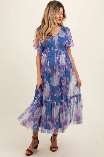 PinkBlush Blue Leaf Print Mesh Smocked Maternity Midi Dress