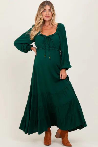PinkBlush Forest Green Ruffled Fit And Flare Maternity Maxi Dress