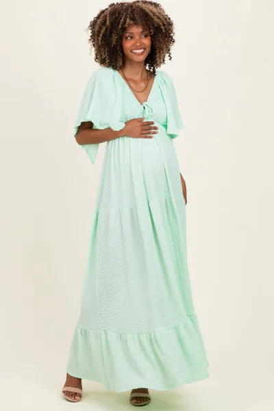 PinkBlush Sage Woven Textured Flutter Sleeve V-Neck Tiered Maternity Maxi Dress