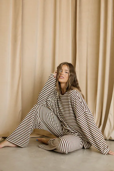 Worth Collective Naomi Striped Fleece Oversized Long Sleeve Top in Brown Multi - Bump Friendly