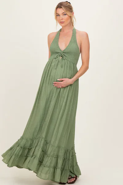 PinkBlush Sage Halter Neck Smocked Maternity Maxi Dress