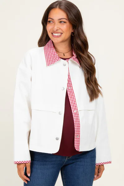PinkBlush White Red Plaid Contrast Maternity Jacket