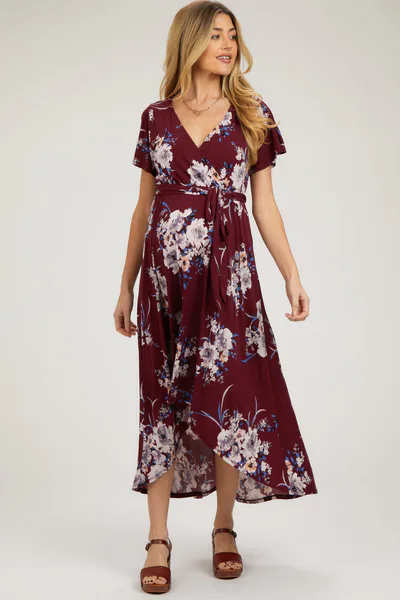 PinkBlush Burgundy Floral Print Wrap Front V-Neck Hi-Low Midi Dress