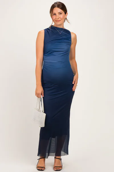PinkBlush Navy Ombre Mesh Ruched Sleeveless Maternity Midi Dress