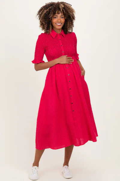 PinkBlush Red Gingham Smocked Button Down Maternity Midi Dress
