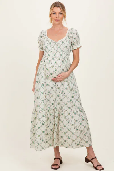 PinkBlush Green Floral Smocked Maternity Maxi Dress
