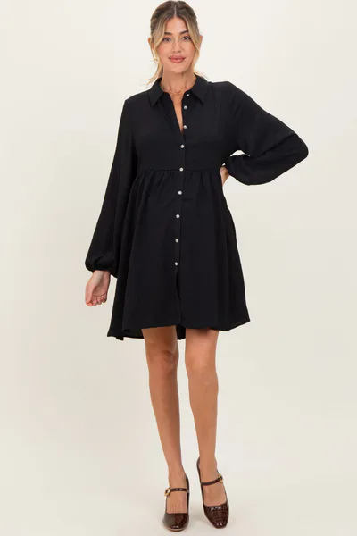 PinkBlush Black Tiered Back Detail Button Down Maternity Dress