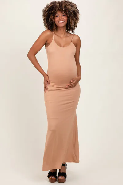 PinkBlush Beige Backless Fishtail Sleeveless Maternity Maxi Dress
