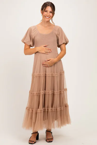 PinkBlush Brown Smocked Square Neck Tiered Maternity Midi Dress