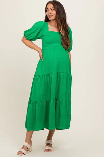 PinkBlush Green Textured Maternity Tiered Midi Dress