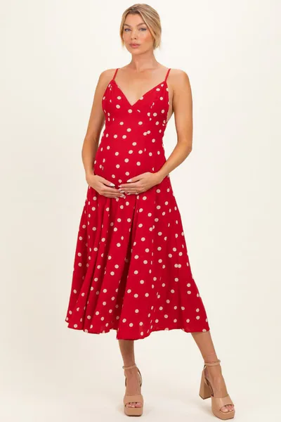PinkBlush Red Polka Dot Open Back Maternity Maxi Dress