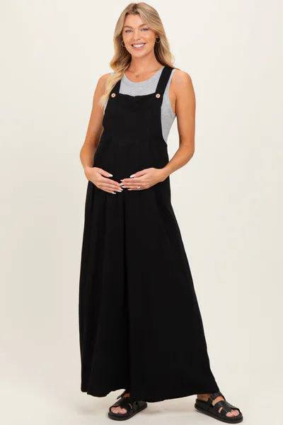 PinkBlush Black Super Wide Leg Overall Maternity Jumpsuit