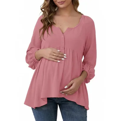 Target INSPIRE CHIC Womens Maternity High Low Tops Lantern Sleeve Boho Babydoll Ruffled Flowy Long Sleeve Pregnancy Blouse Medium Pink