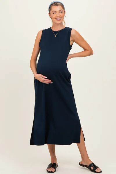 PinkBlush Navy Sleeveless Maternity Midi Dress