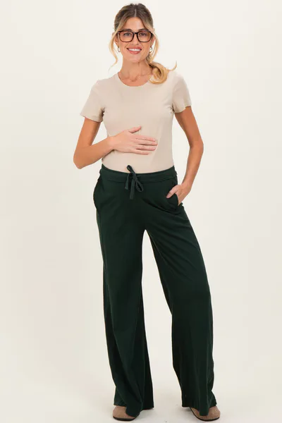 PinkBlush Forest Green Drawstring Wide Leg Maternity Lounge Pant