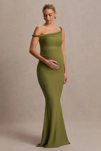Club L London Lita | Olive Twisted Asymmetric Maternity Maxi Dress