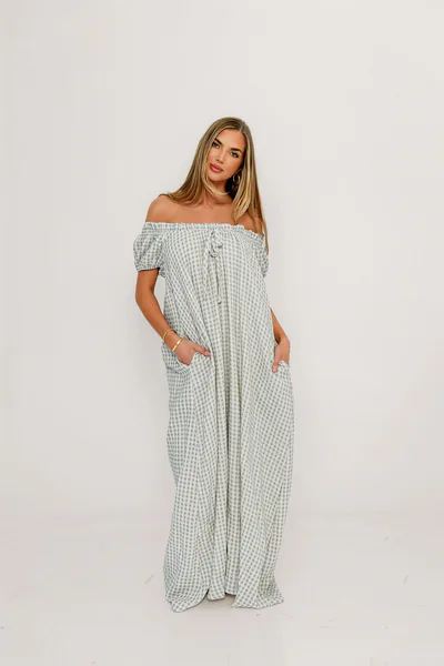Worth Collective Ensley 100% Cotton Maxi Dress in Light Indigo Plaid - Bump Friendly
