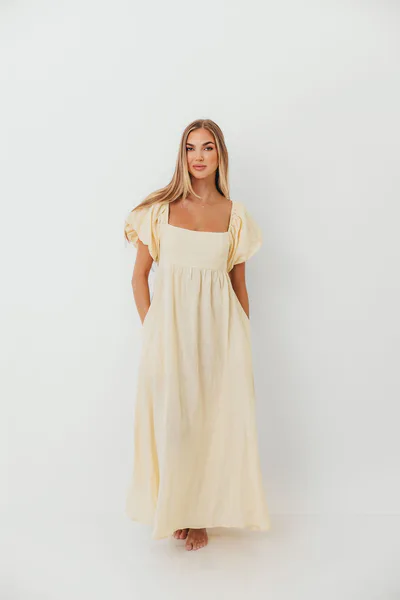 Worth Collective Candace Woven 100% Linen Maxi Dress in Soft Yellow - Bump Friendly