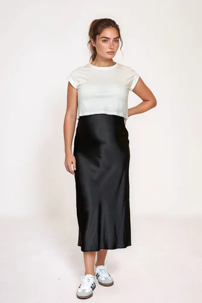 For The Creators Black Satin Midi Maternity Skirt
