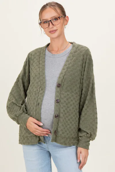 PinkBlush Olive Checkered Knit Button Front Maternity Cardigan