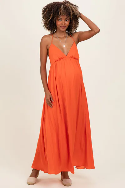 PinkBlush Orange V-Neck Open Back Maternity Maxi Dress