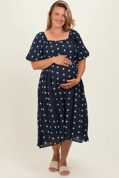 PinkBlush Navy Blue Floral Embroidered Short Sleeve Maternity Plus Dress