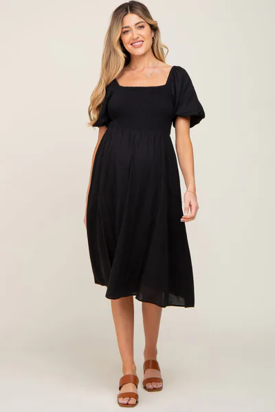 PinkBlush Black Smocked Puff Sleeve Maternity Midi Dress