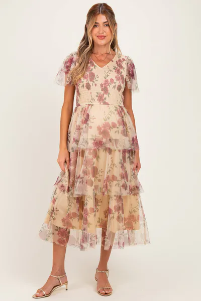 PinkBlush Yellow Floral Print Smocked Tiered Maternity Midi Dress